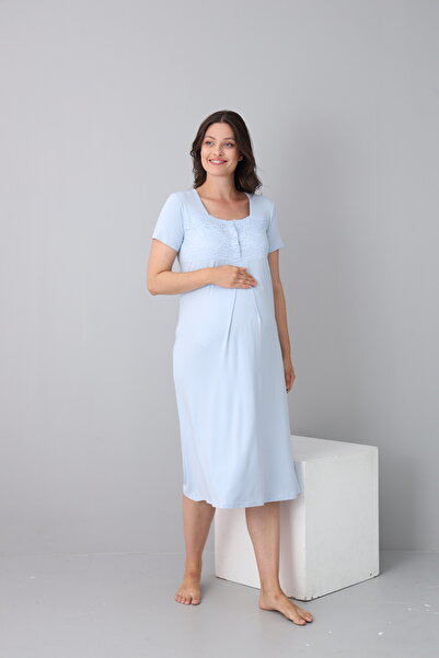 Miss Dünya Lissa Short Sleeve Maternity Nightgown with Lace Detail Suitable for Breastfeeding