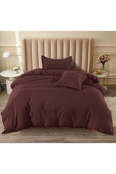 Pucioasa Set Lenjerie de Pat, Pucioasa, Uni, 4 Piese, Single, 140x200cm, Satin Fin, Maro