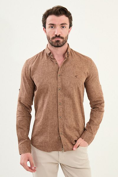 Mcr Plain Slim Fit Basic Linen Men's Shirt Hazelnut - 37356.21Y