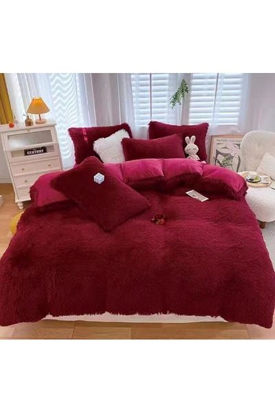 OEM Lenjerie de pat, Fluffy, 2 persoane, 4 piese, Uni, 220x240cm, Bordo