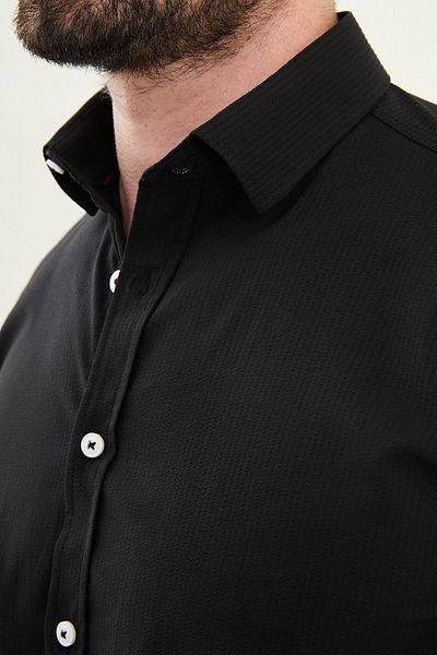 Mcr Seersucker Slim Fit Cotton Men's Shirt Black - 27081.25Y