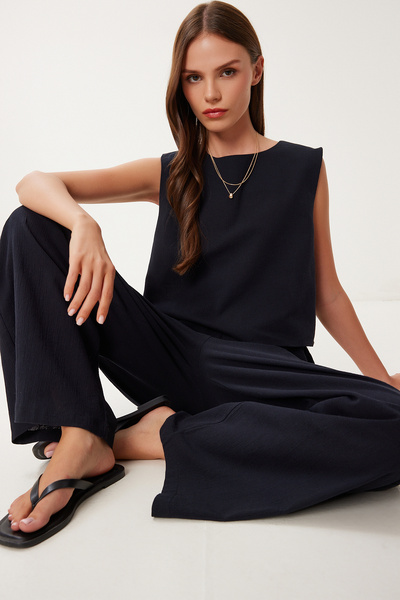 Lovelyİstanbul Σετ Παντελόνι Λινό Μπλούζα HRV0001 ΜΑΥΡΟ