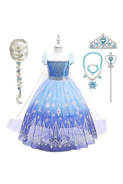 OEM Elsa Dress for Girls - Set with Wig, Crown, Wand and Accessories, 6-7 years, 140 cm, Blue / White