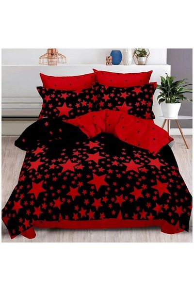 OEM Double Bed Linen Set, Two Faces, Red Stars Print, 6 Pieces, 180x200cm, Satin Finet, Black-Red