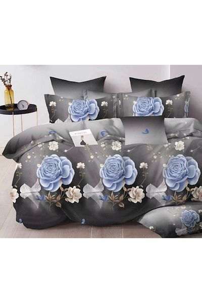OEM Double Bed Linen, Blue Rose Print, Reversible Sheet, 6-piece, 2-person, 230x245cm, Finet, Multicolor