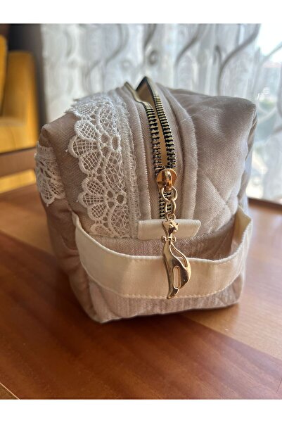 HelloPunch&Bags hellobagsstyle KREM KADİFE Desenli Makyaj Çantası - Büyük Boy