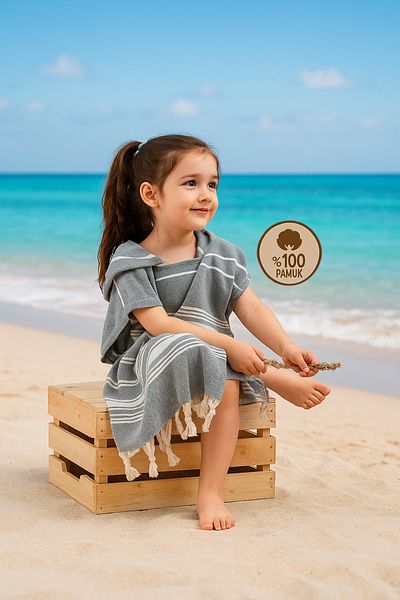 Formeya Kinder-Poncho, Strandtuch aus 100 % Baumwolle, Peshtemal-Grau