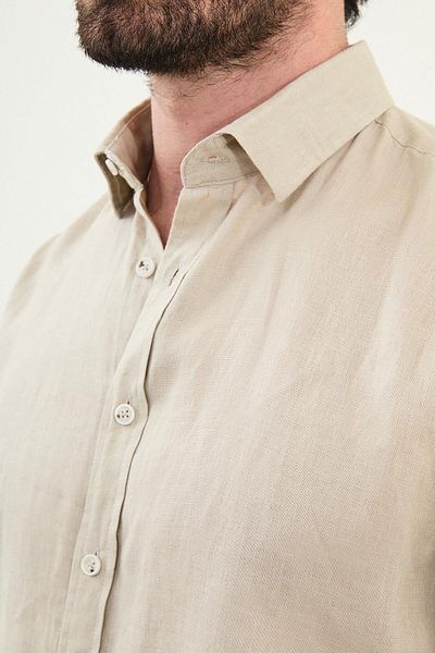 Mcr Plain Slim Fit Long Sleeve 100% Linen Men's Shirt Stone - 27079.25Y