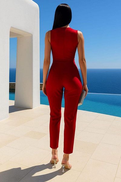 Mossta Double Breasted Collar Lace Detailed Belted Jumpsuit - Claret Red
