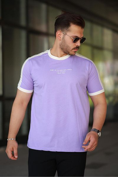 Miron Men's Crew Neck Lilac White Stripe Detailed Embroidered 100% Cotton T-Shirt - 2533