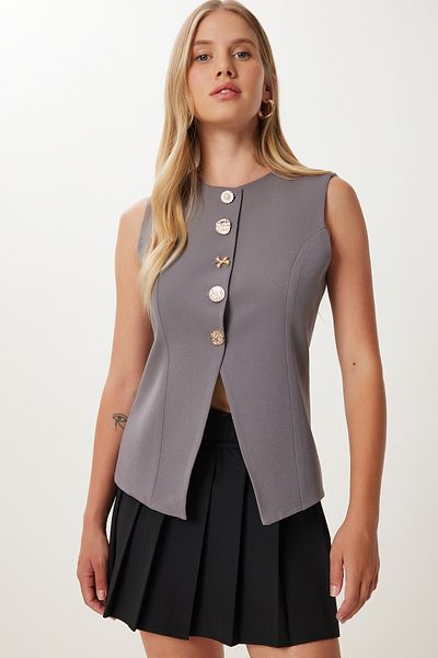 Lovelyİstanbul Stylish Buttoned Woven Vest Lkt0004 Gray