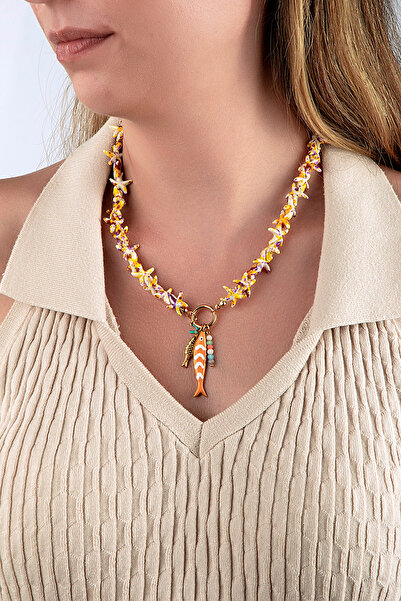 innuendo jewelery Yellow Purple Starfish Beaded Fish Figured Necklace