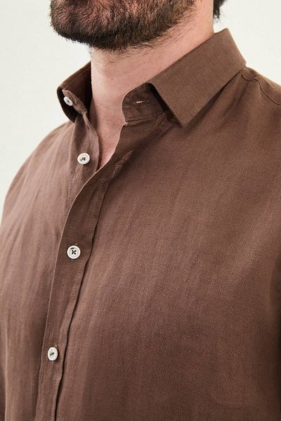 Mcr Plain Slim Fit Long Sleeve 100% Linen Men's Shirt Brown - 27079.25Y