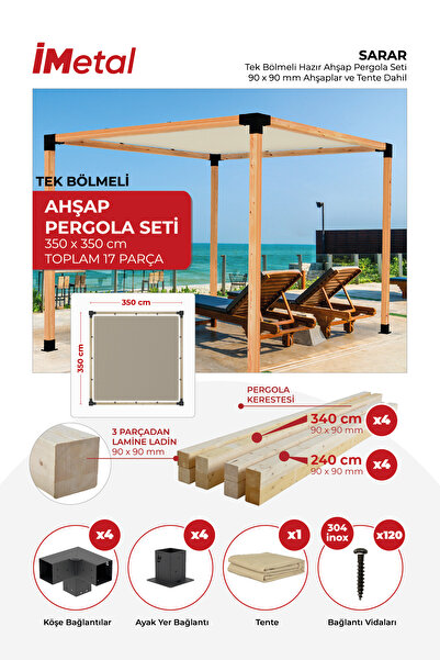 imetal 350x350 Ahşap Pergola Seti Iki Bölümlü 90 X 90 Mm Ahşaplar Ve Hdp Tente Dahil