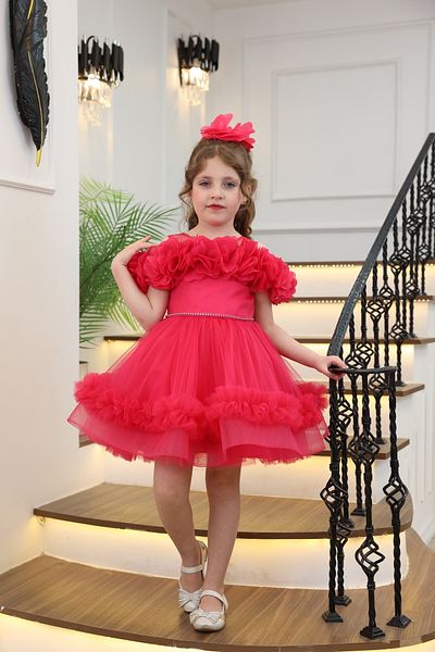 MİSS RAİN Fold-On Sleeves, Flowers, Low Shoulder, Stone Detail, Ruffle Skirt, Girl's Evening Dress