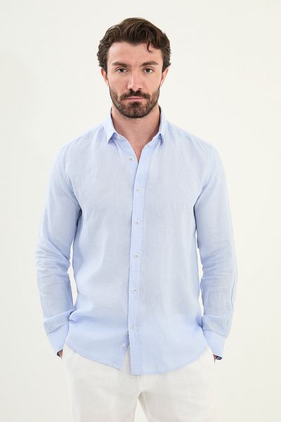Mcr Plain Slim Fit Long Sleeve 100% Linen Men's Shirt Blue - 27079.25Y
