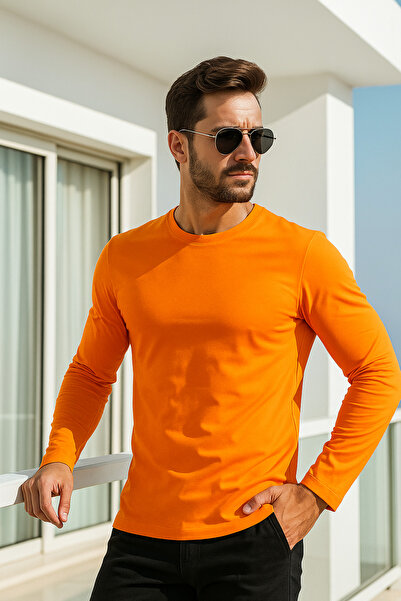 Rich Ανδρικό πορτοκαλί μακρυμάνικο μπλουζάκι με λαιμόκοψη - 100% βαμβακερό Basic Relaxed T-shirt