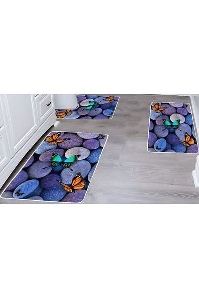 OEM Set 3 covoare de Baie, Antiderapant, imprimeu Fluturi, 50x60cm, 50x80cm, 60x100cm, Multicolor