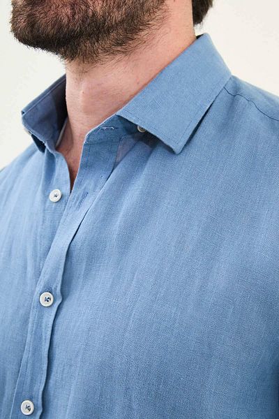 Mcr Plain Slim Fit Long Sleeve 100% Linen Men's Shirt Indigo - 27079.25Y