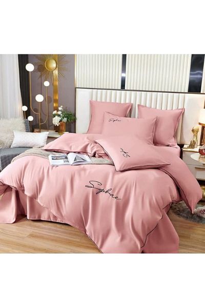 OEM Lenjerie de pat, Uni, Finet, 2 persoane, 6 piese, 230x245cm, Roz