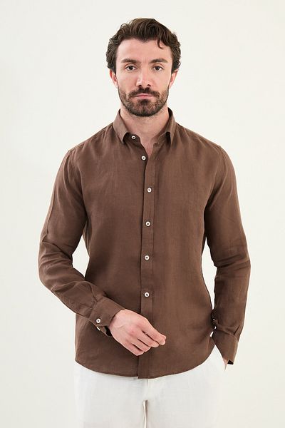 Mcr Plain Slim Fit Long Sleeve 100% Linen Men's Shirt Brown - 27079.25Y