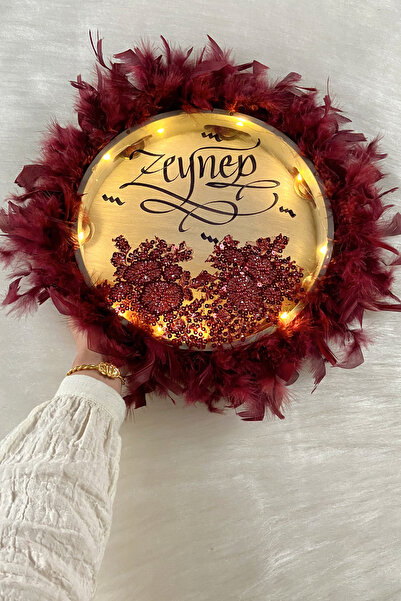 ZEYMERADE Bordo Ledli Şeffaf Kaligrafi Gelin Tefi 30cm Vip Güpürlü Ve Tüylü D...