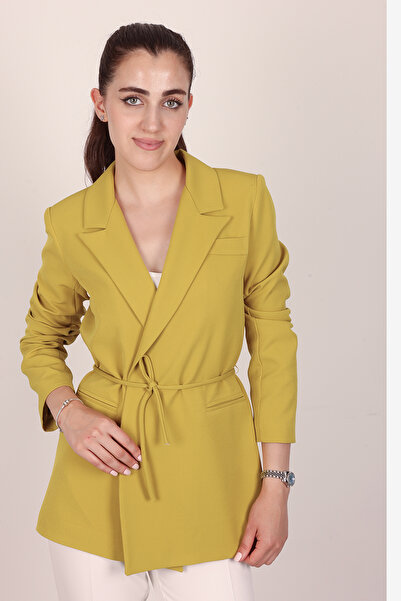 polle Women's Oil Green Waist Tied Blazer Jacket