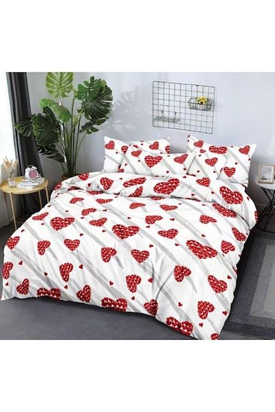 OEM Double Bed Linen Set, 6 Pieces, 2 Persons, 220x235cm, Finet, Heart Print, White-Red