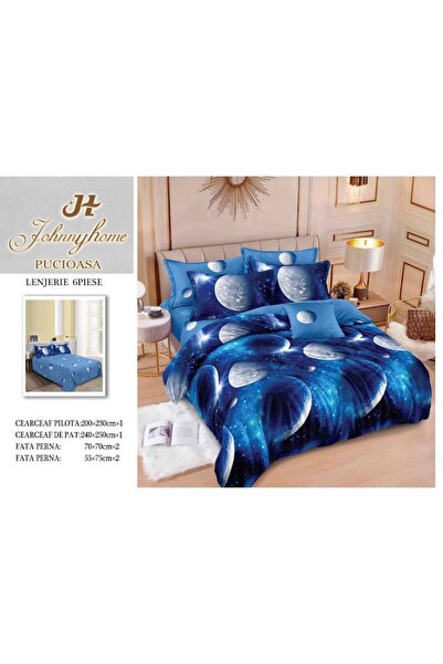 OEM Set de lenjerie de pat dublu reversibil, 6 piese, planetă, 240x250cm, bumbac satinat, albastru-gri