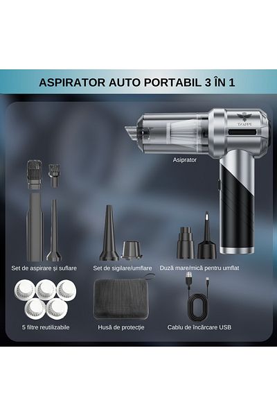 Tzappy Aspirator auto portabil Plus, Tzappy, 3 in 1, Pliabil, Motor fara perii, 3 viteze, 9 accesorii, 5 fi