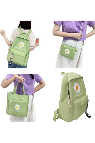 Lumely 4PCS Daisy School Bag Set,Cute Anime Flower Pendant Canvas Bag,for Teens Girls,Light Grey