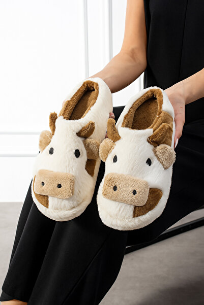 StWenn Embroidered Winter Unisex House Slippers with Cow Figure, No Sound, Non-Slip Sole