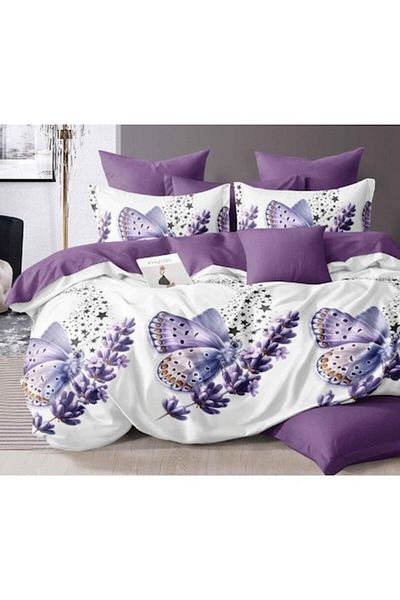 OEM Double Bedding Set, Reversible Sheet, 6 Pieces, Butterfly Lilac Print, Two People, Finet, White-Lila