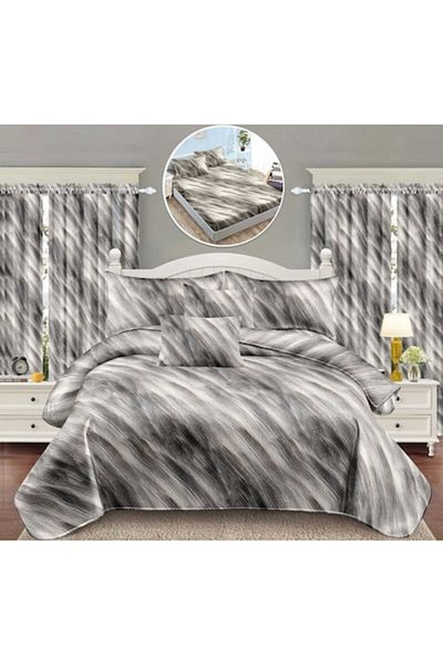 OEM Lenjerie si Draperii, 8 Piese, Cearsaf cu Elastic, 2 persoane, Finet Elegant, Imprimeu Abstract, Gri