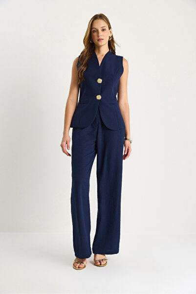 Bianco Lucci Women's Gold Button Detailed Vest High Waist Trousers Viscose Linen Suit 9392 60281109