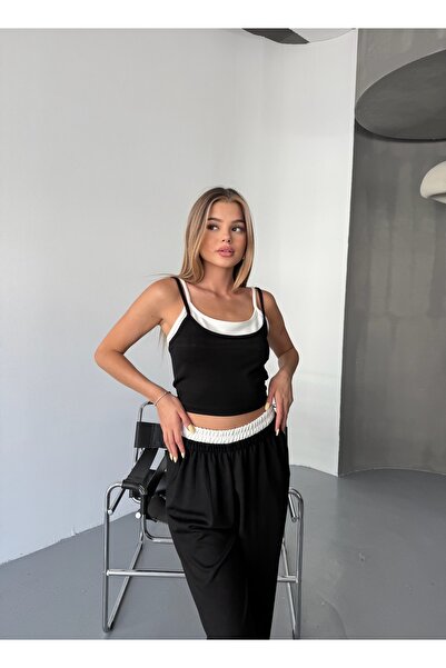 BEJNA Women's Black Double Layer Detailed Modal Textured Bottom Top Set