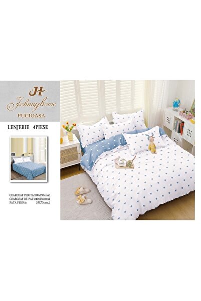 OEM Lenjerie de pat dublă, bumbac satinat, 4 piese, model cu inimioare, alb-albastru