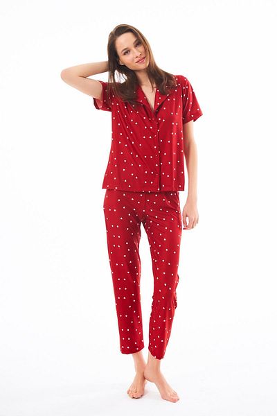 Cottonhill Premium Women's Pajama Set Red Heart Pattern Soft Textured Short Sleeve Shirt Collar