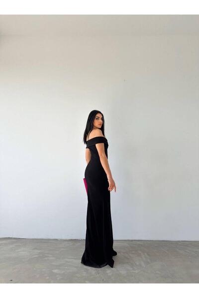 Modafeminen Κρεπ ύφασμα κοντομάνικο λαιμόκοψη με σχισμή λεπτομέρεια Maxi μήκους βραδινό φόρεμα 582904 ΜΑΥΡΟ