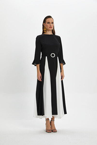 SERPİL Şifon Detaylı Taş Tokalı Volan Kol Uzun Elbise