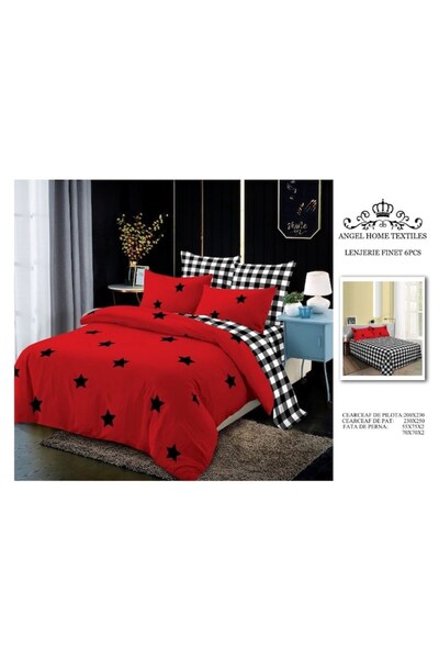OEM Lenjerie de Pat, Finet, 4 piese, 1 persoana, 160x200cm, Imprimeu Stele, Rosu-Negru