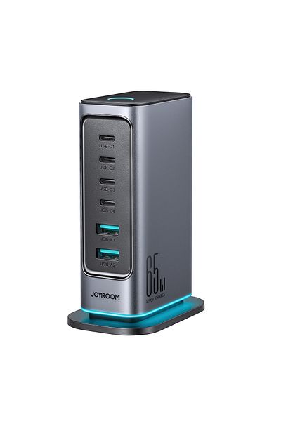 Joyroom Stacja ładowania ładowarka wieloportowa GaN 65W EU 4x USB-C i 2x USB-A - ciemnoszara