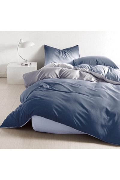 OEM Lenjerie pat, Imprimeu Degrade, 4 piese, 1 persoana, 155x220cm, Finet Satinat, Bleumarin