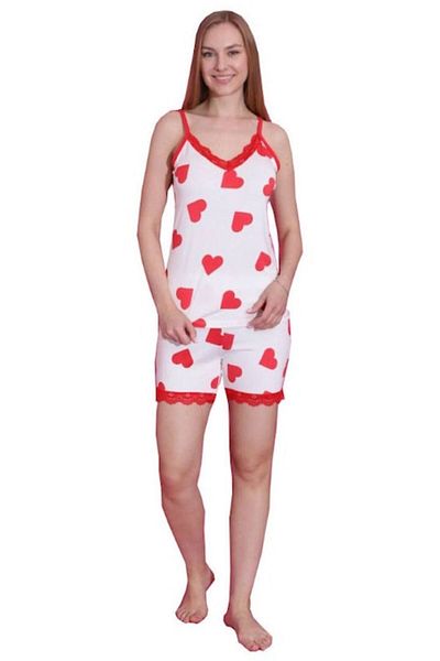 BARAY TEKSTİL Pijama dama Baray de vara, imprimeu cu inimioare, Alb si Rosu, M