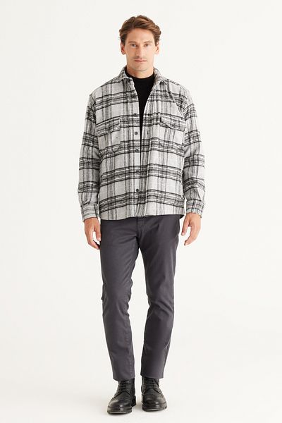 AC&Co / Altınyıldız Classics Jachetă de iarnă în carouri, gri oversize, cu guler cu nasturi