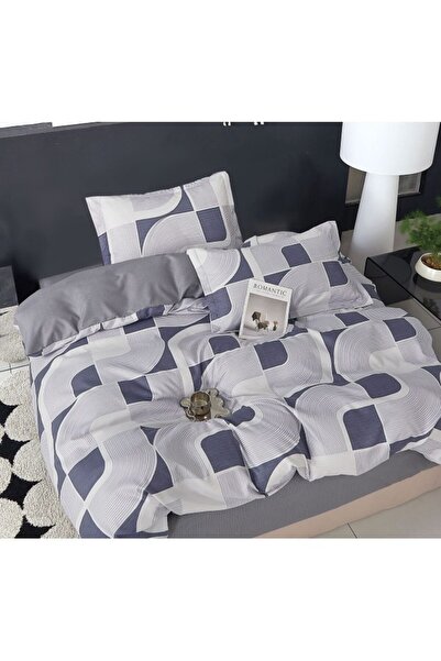 OEM Lenjerie pat, Imprimeu Abstract, 4 piese, 1 persoana, 155x220cm, Finet Satinat, Gri-Bleumarin