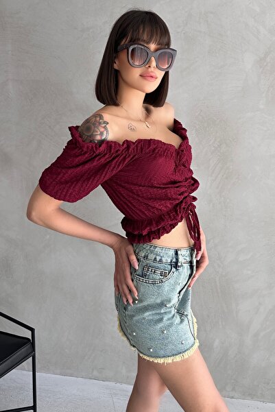 New Now Madonna Collar Seersucker Fabric Front Tie Bluz