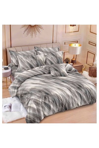 OEM Double Bed Linen Set, Reversible/Elastic Sheet, 6 Pieces, Abstract Gray Marbled Print, 2 Persons, 18