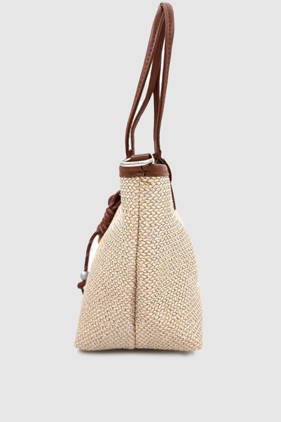 Wuclo Osyna Colorful Wooden Charm Detailed Cross Strap Straw Hand, Arm and Shoulder Bag Brown