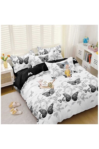 OEM Double Bed Set, Satin Cotton, 4 Pieces, Butterfly Print, Black-White